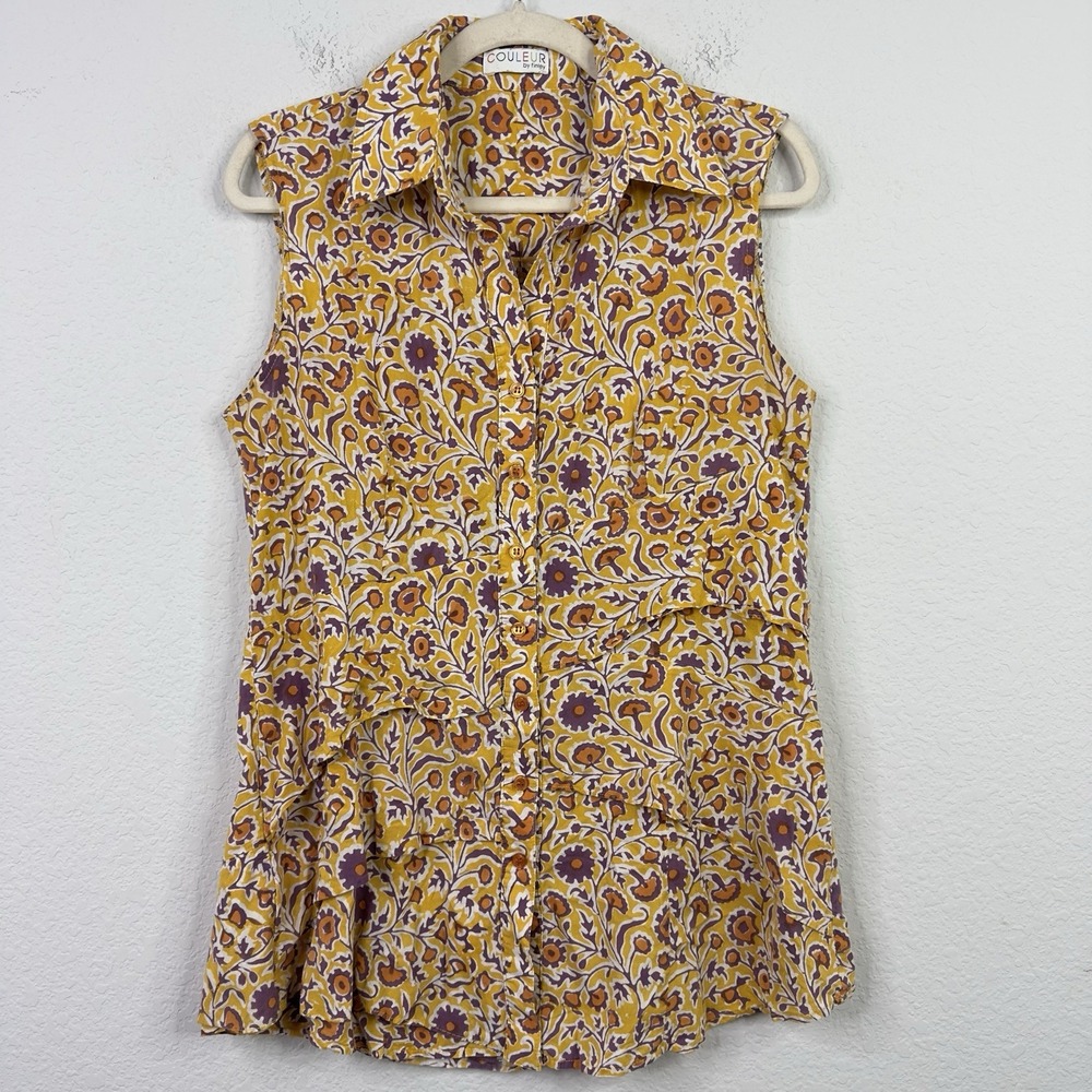 Couleur by Finley Shirt Womens L Yellow Floral Button Whimsical Boho Cottagecore